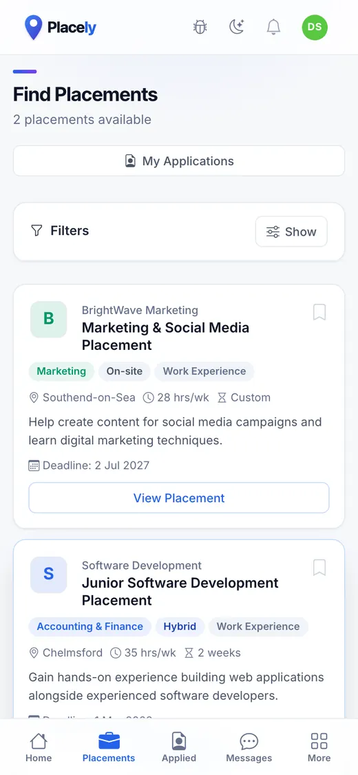 The placements list: filterable cards showing employer, role, sector, location, hours and deadline.