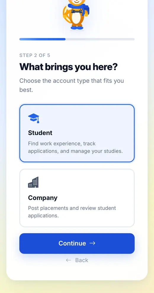 Sign-up step two of five: choosing between a student and a company account, with a progress bar.