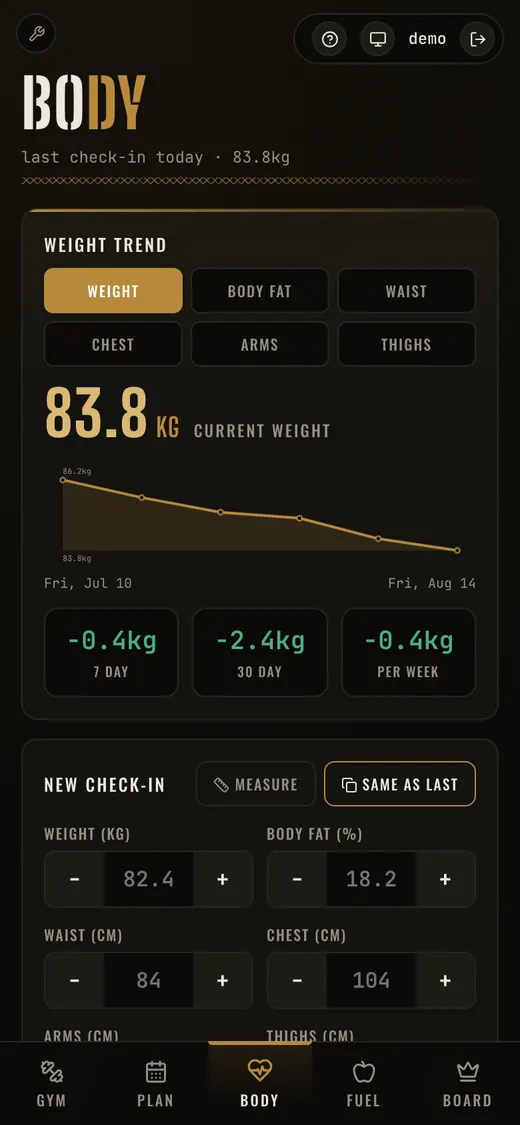 The body screen: a weight trend chart with seven day, thirty day and weekly changes above a check-in form.