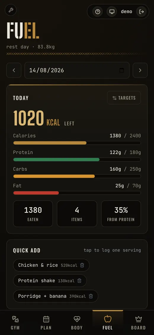 The nutrition screen: calories remaining, macro progress bars and a quick-add list of saved meals.