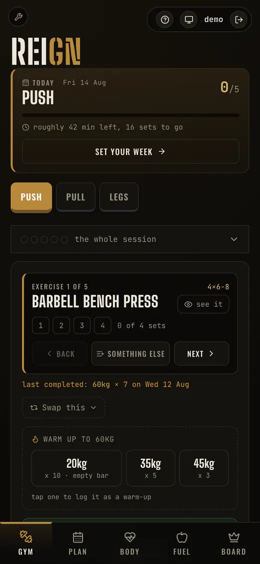 The workout screen: today's session, the current exercise, set counters and suggested warm-up weights.